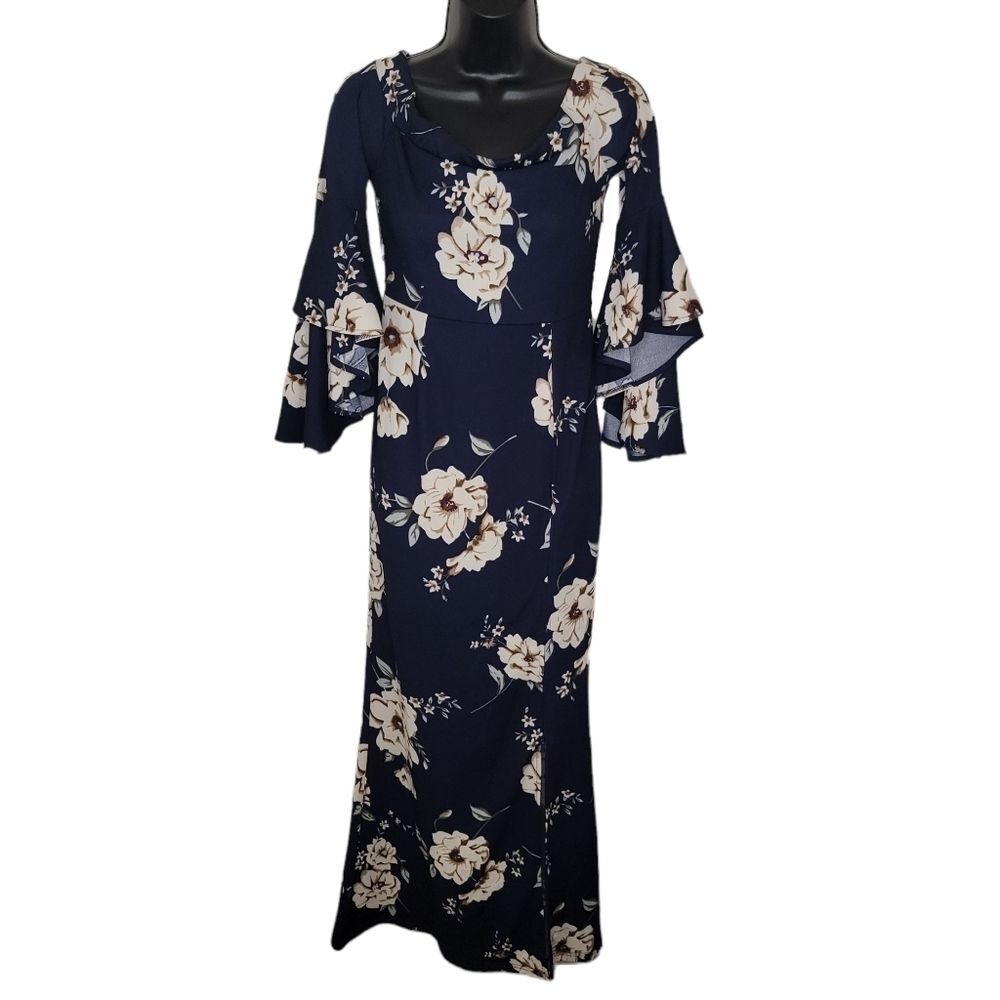 Vfshow Nwt navy blue floral maxi bodycon dress size small